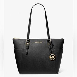 Michael Kors Black Charlotte Large Saffiano Leather Top-Zip Tote Bag